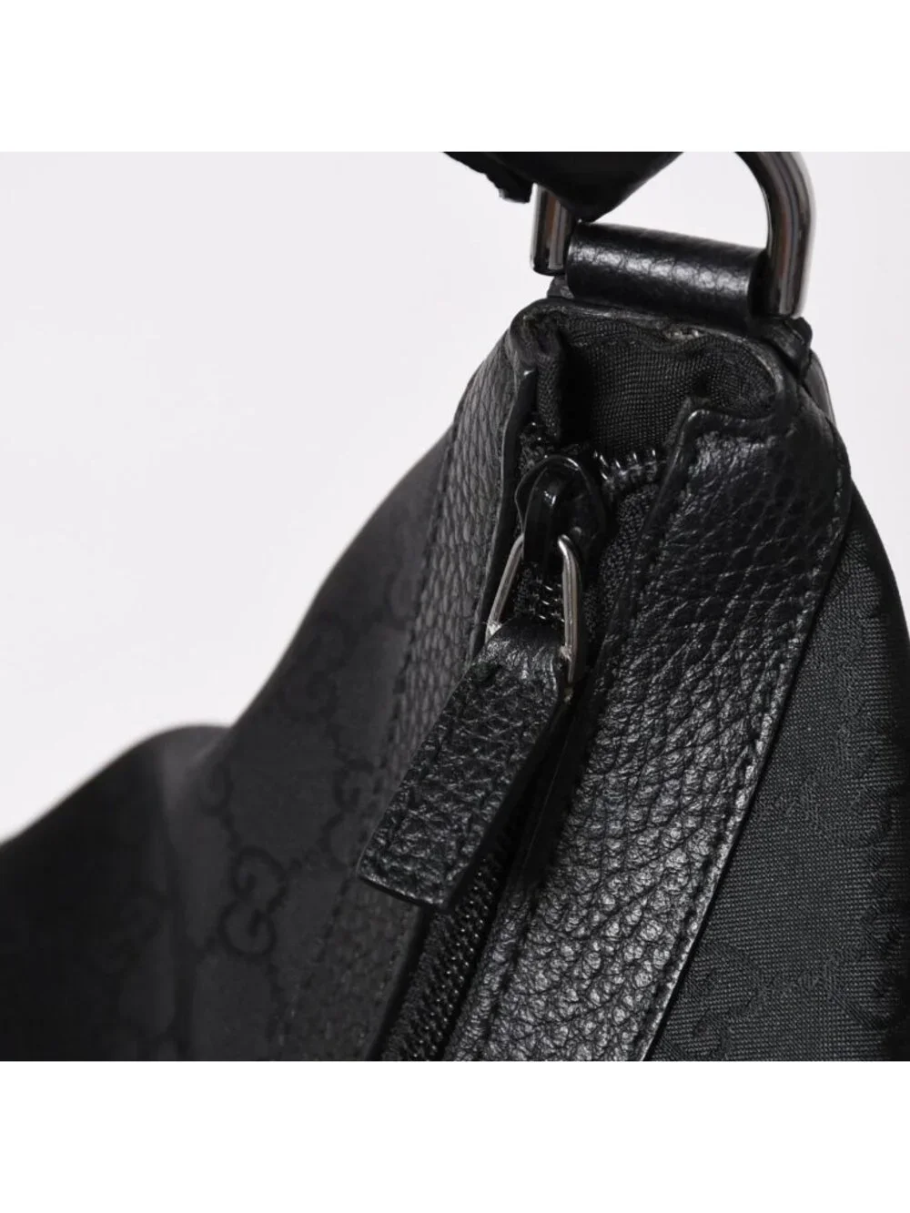 Gucci Hobo Handbag GG Canvas Leather Black Silver